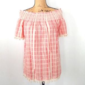 ANTIBES BLANC pom-pom off the shoulder blouse